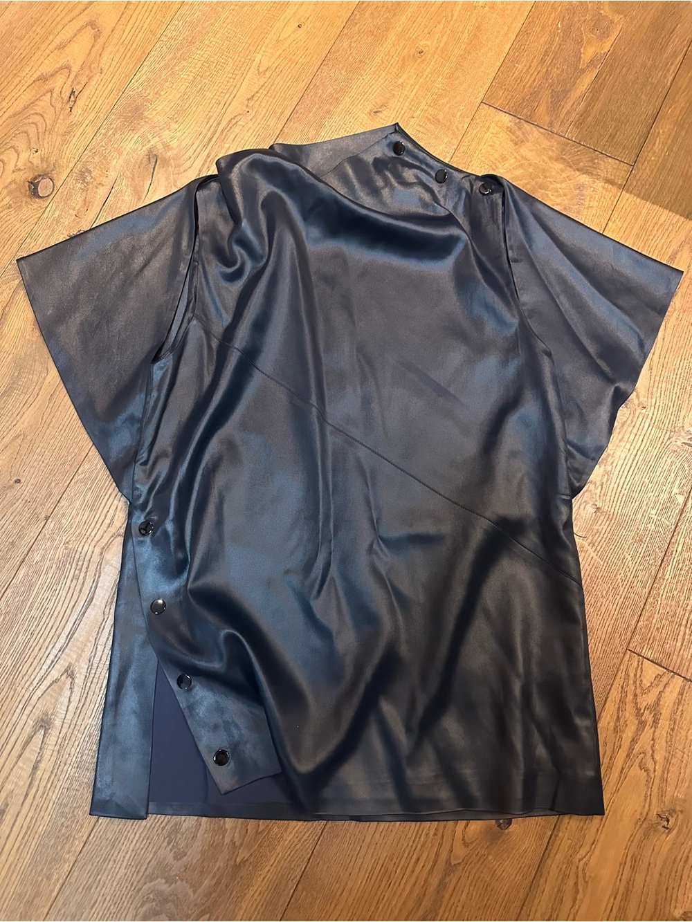 3.1 Phillip Lim Navy Satin Short-Sleeve Button-Side Top